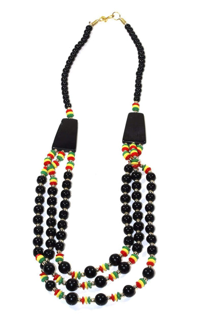 Rasta Reggae Three Tier Necklace Black Onyx Vibrant Beads