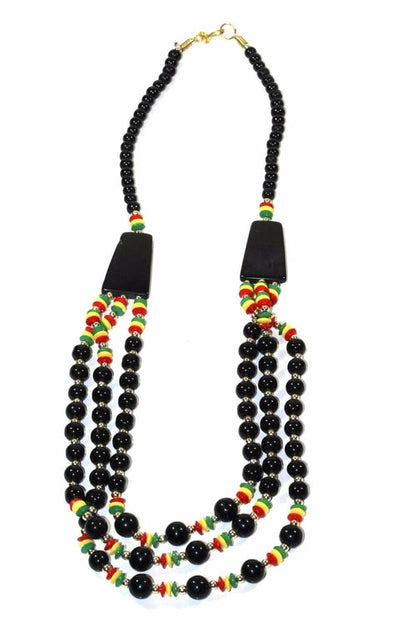 Rasta Reggae Three Tier Necklace Black Onyx Vibrant Beads