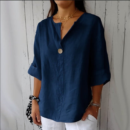 Women's V-Neck Long-Sleeve Button Top – Loose Fit Casual Blouse