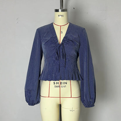 Stripe Peplum Blouse | V-Neck Ruched Bow Puff Sleeve | Navy Blue
