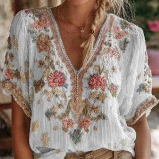 Women's Artistic Retro V-Neck Short-Sleeve Top – 3D Print
