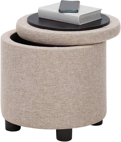 Round Storage Ottoman Upholstered Removable Tray Lid