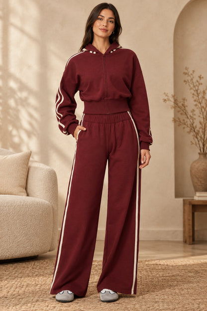 Women's Contrast-Stripe Cropped Zip Hoodie & Wide-Leg Pants Set