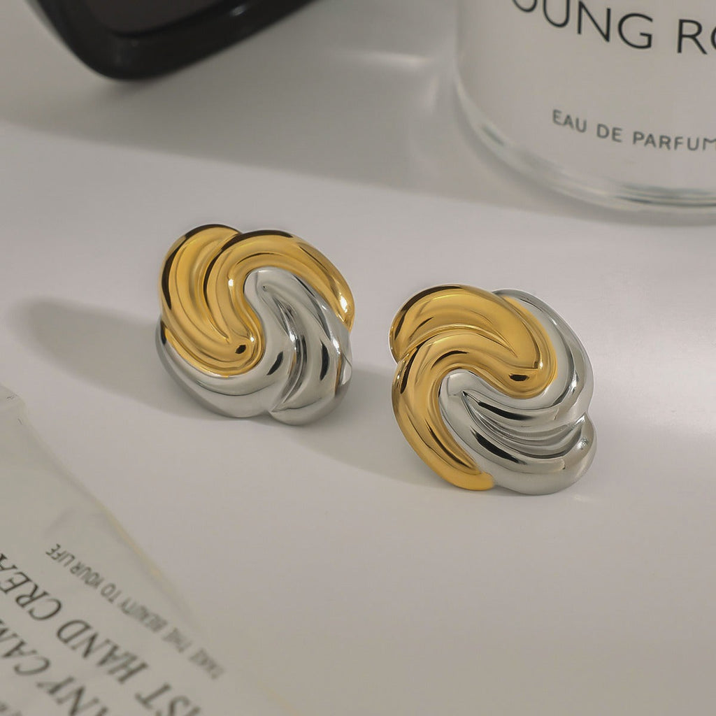 18K gold geometric shape with gold and silver color matching design trendy personality earrings