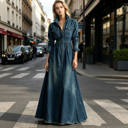 Women's Dark Blue Denim Shirt Collar Button-Down High Waist Maxi Dress