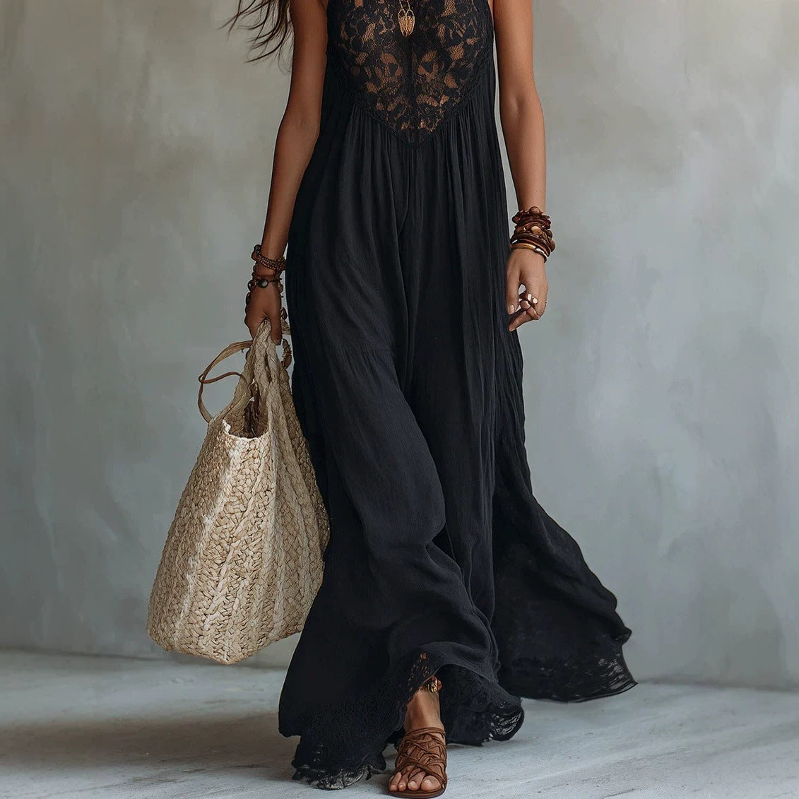 Women's Black Lace Trim Sleeveless Loose Maxi Dress