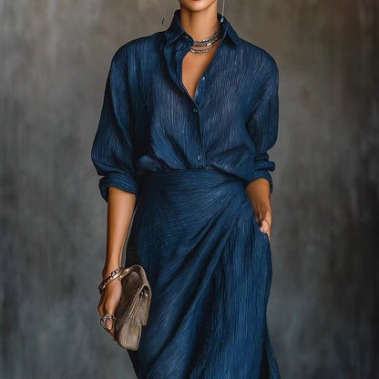 Women's Two-Piece Pleated Shirt & Draped Wrap Maxi Skirt Set – Long Sleeve Button Top