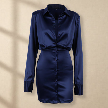 Long Sleeve V-Neck High Waist A-Line Shirt Dress