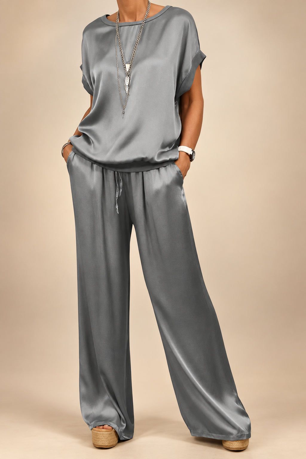 Women's 2-Piece Satin Set – Batwing-Sleeve Round-Neck Top & Wide-Leg Drawstring Trouser