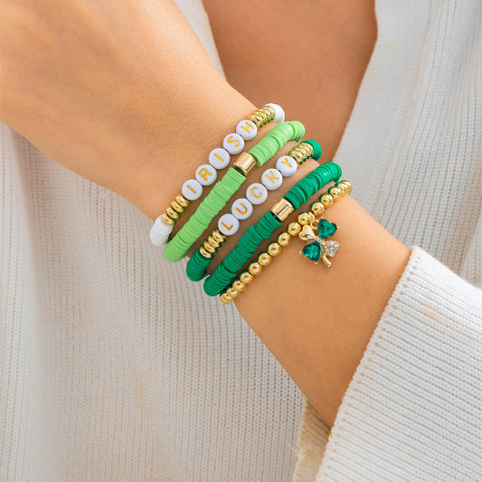 Leafy Clover Letter Bracelet Simple Green Beaded Bracelet