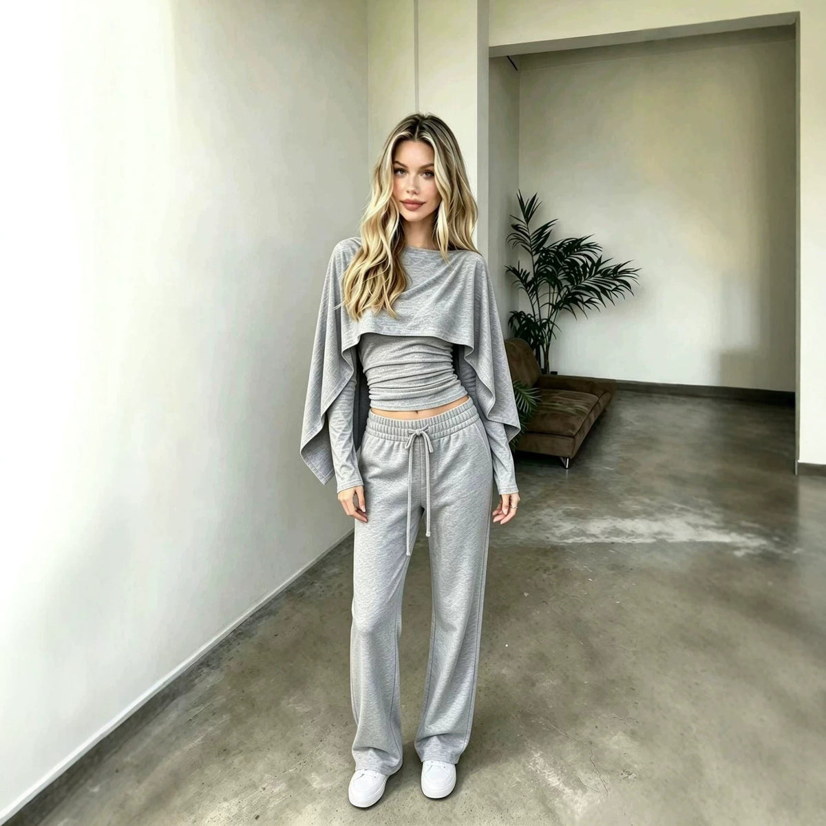 Women's Draped-Cape Illusion Crop Top & Wide-Leg Trouser Set