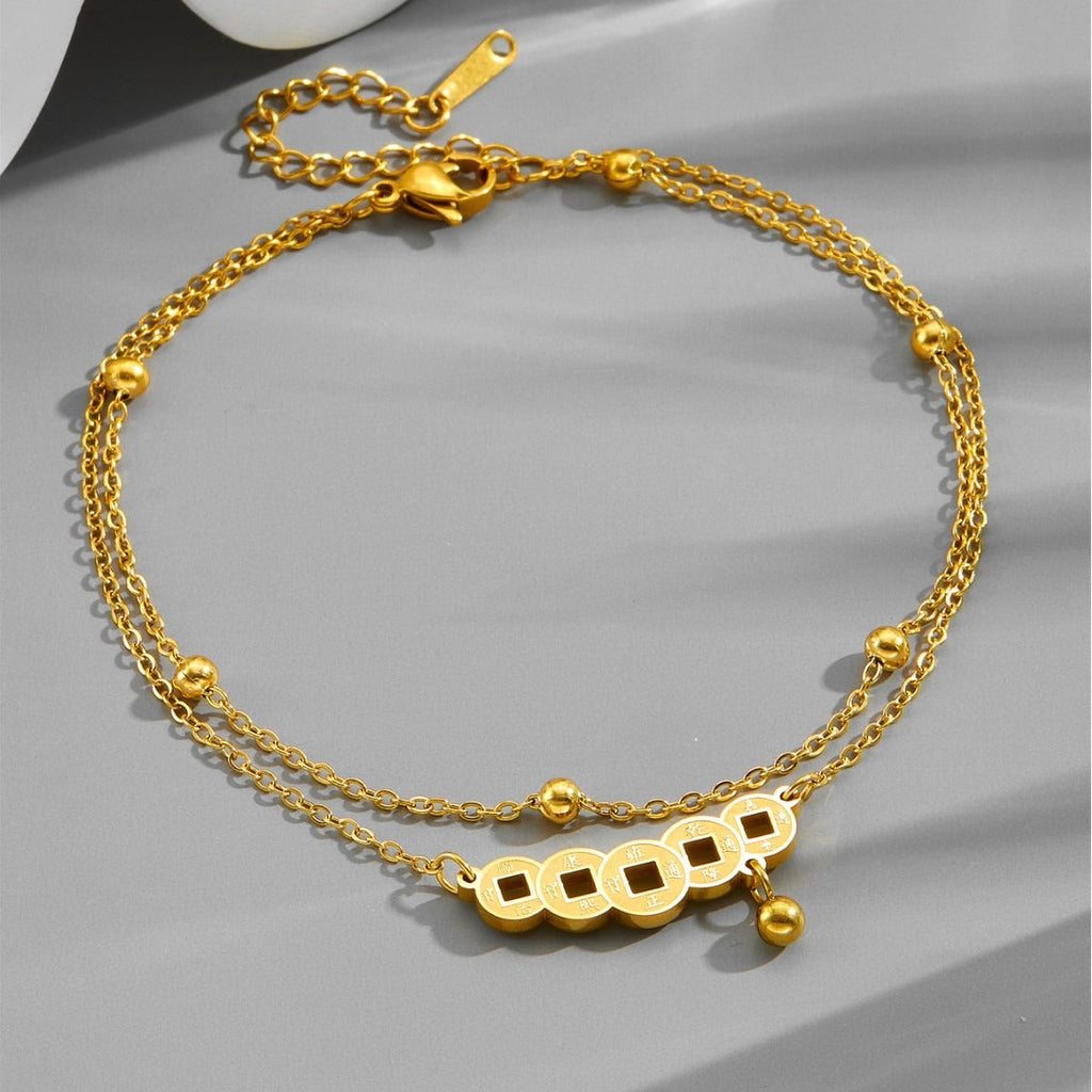 18k gold double-layer bead necklace retro Chinese style copper coin anklet
