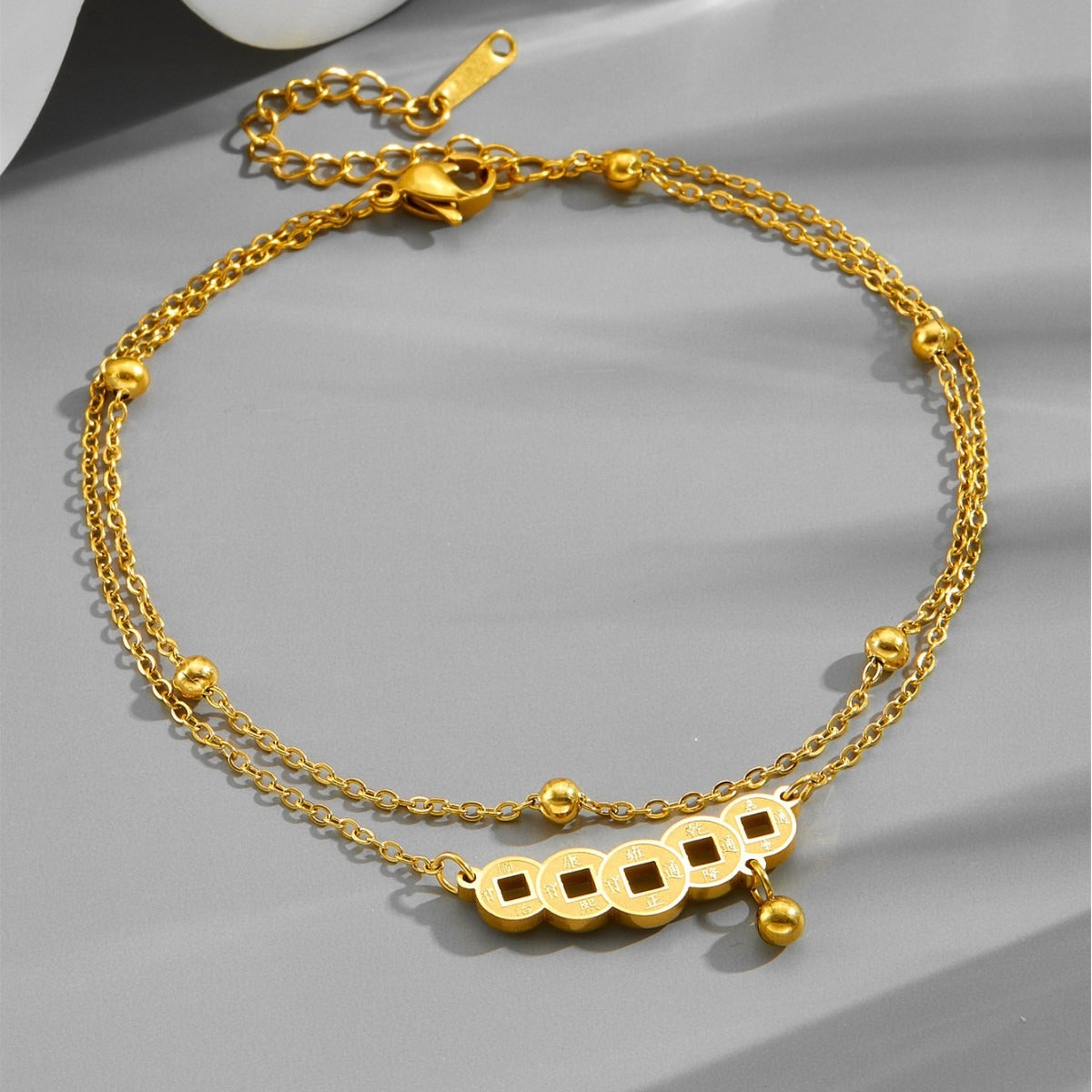 18k gold double-layer bead necklace retro Chinese style copper coin anklet