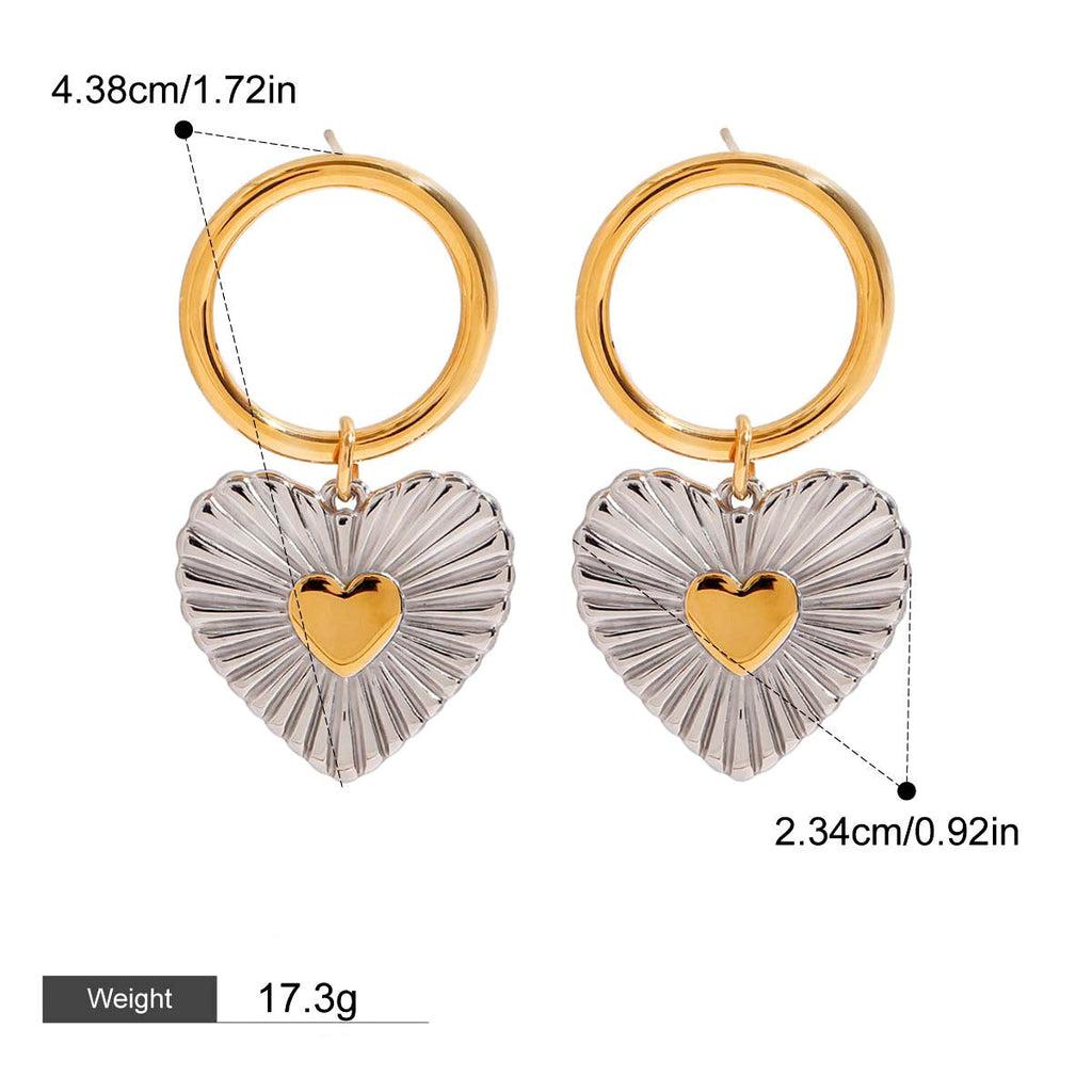 18k gold heart-shaped earrings with gold and silver color matching design, simple and personalized