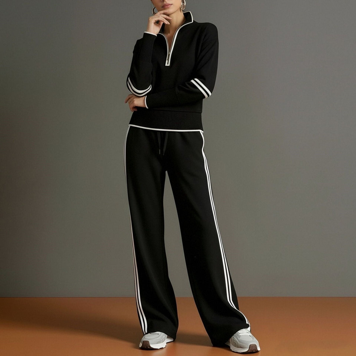 Women's Half-Zip Striped Sweatshirt & Wide-Leg Pants Set