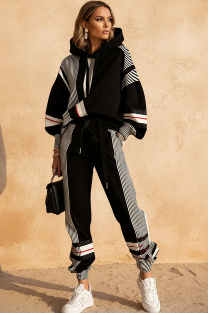 Women's Oversized Color-Block Stripe-Panel Hoodie & Jogger Pants Tracksuit Set
