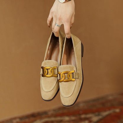Women's Retro Metal Buckle Suede Loafers – Platform Chunky Heel Slip-On