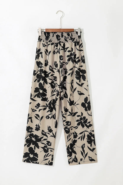 Blue Floral Smocked Frill Waist Wide Leg Pants