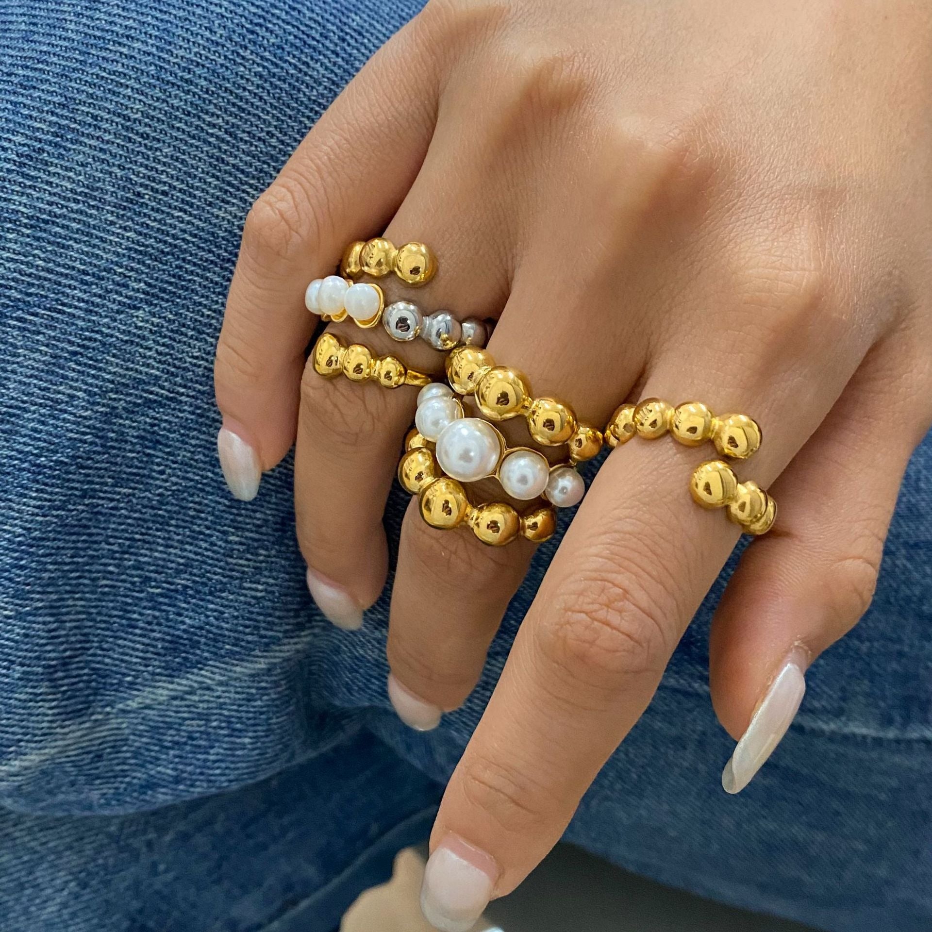 18K gold round bead-shaped pearl inlaid exquisite and noble ring