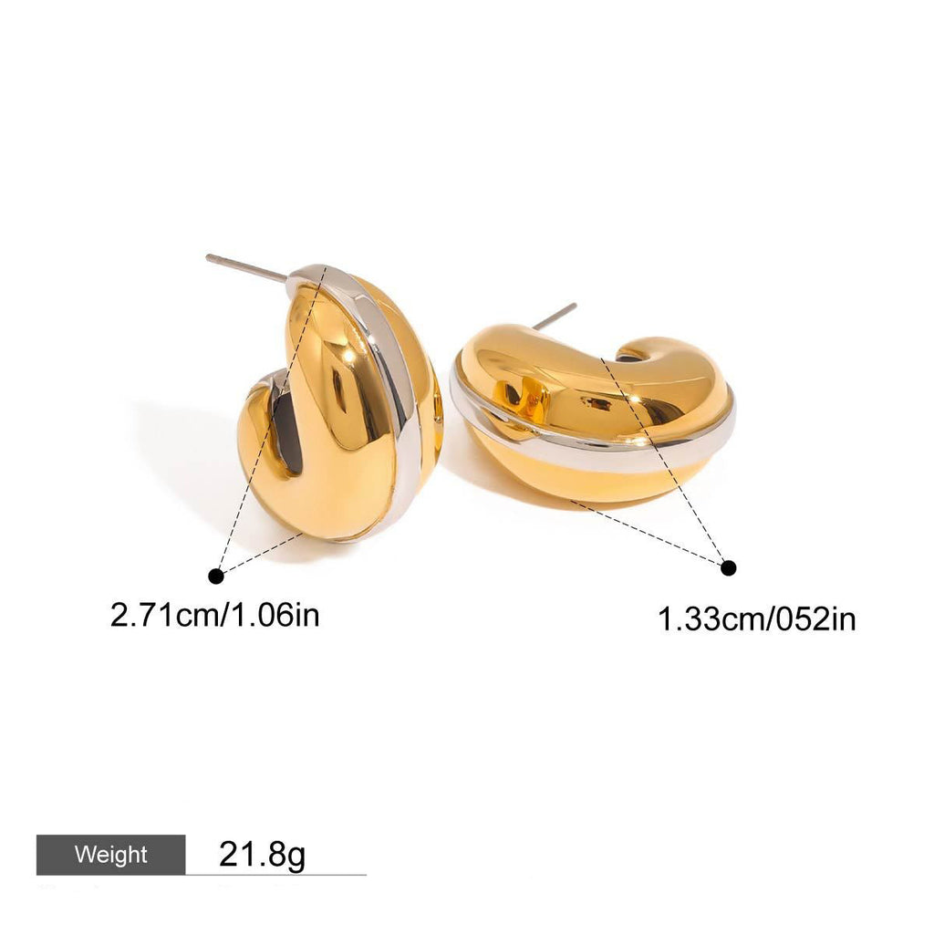 18k gold teardrop-shaped earrings with gold and silver color matching design, simple and unique