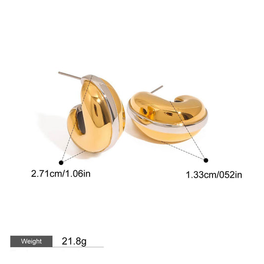 18k gold teardrop-shaped earrings with gold and silver color matching design, simple and unique