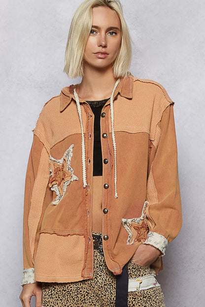 POL Button Down Hooded Jacket with Star Patch Pattern