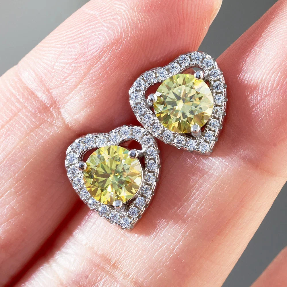 Moissanite Heart Halo Stud Earrings in Sterling Silver