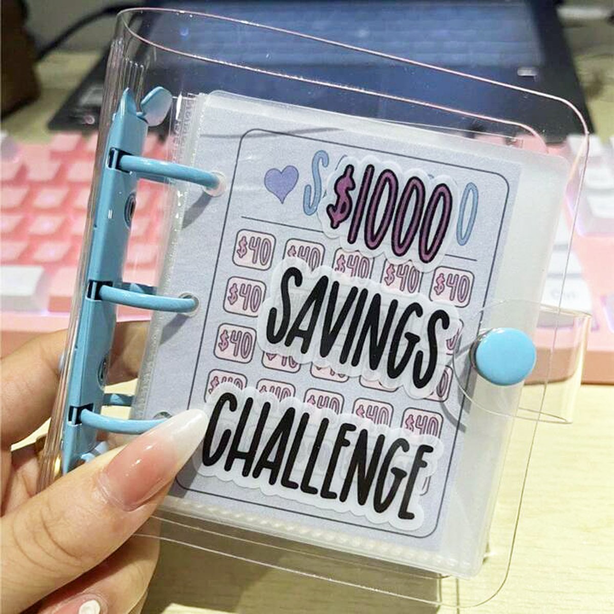 Clear Cover 1000 Dollar Savings Challenge Book 3-Ring PVC Money Saving Binder Personal Finance Budgeting Organizer