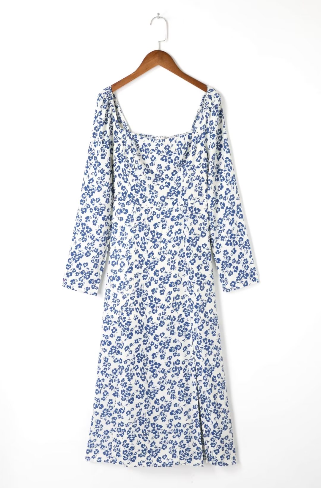 Summer French Vacation Flat Square Collar Long Sleeve Dress White Background with Blue Print High Slit
