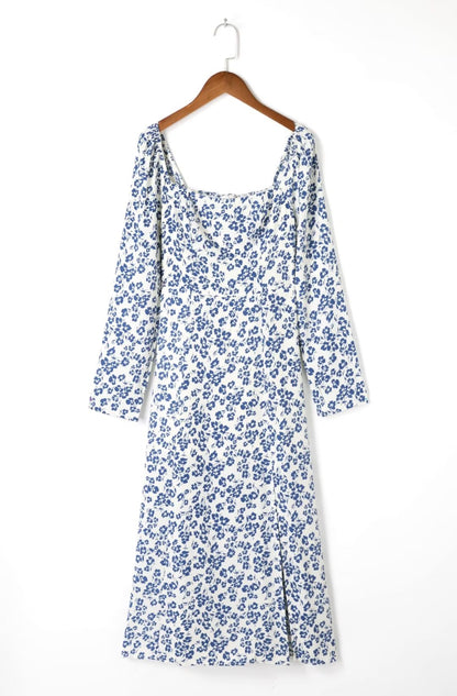 Summer French Vacation Flat Square Collar Long Sleeve Dress White Background with Blue Print High Slit