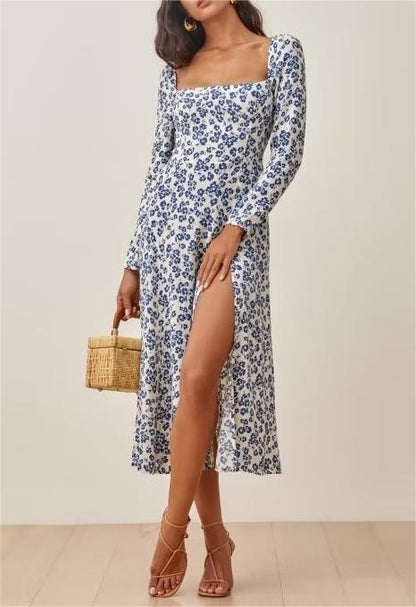 Summer French Vacation Flat Square Collar Long Sleeve Dress White Background with Blue Print High Slit