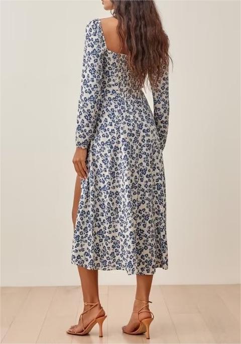 Summer French Vacation Flat Square Collar Long Sleeve Dress White Background with Blue Print High Slit