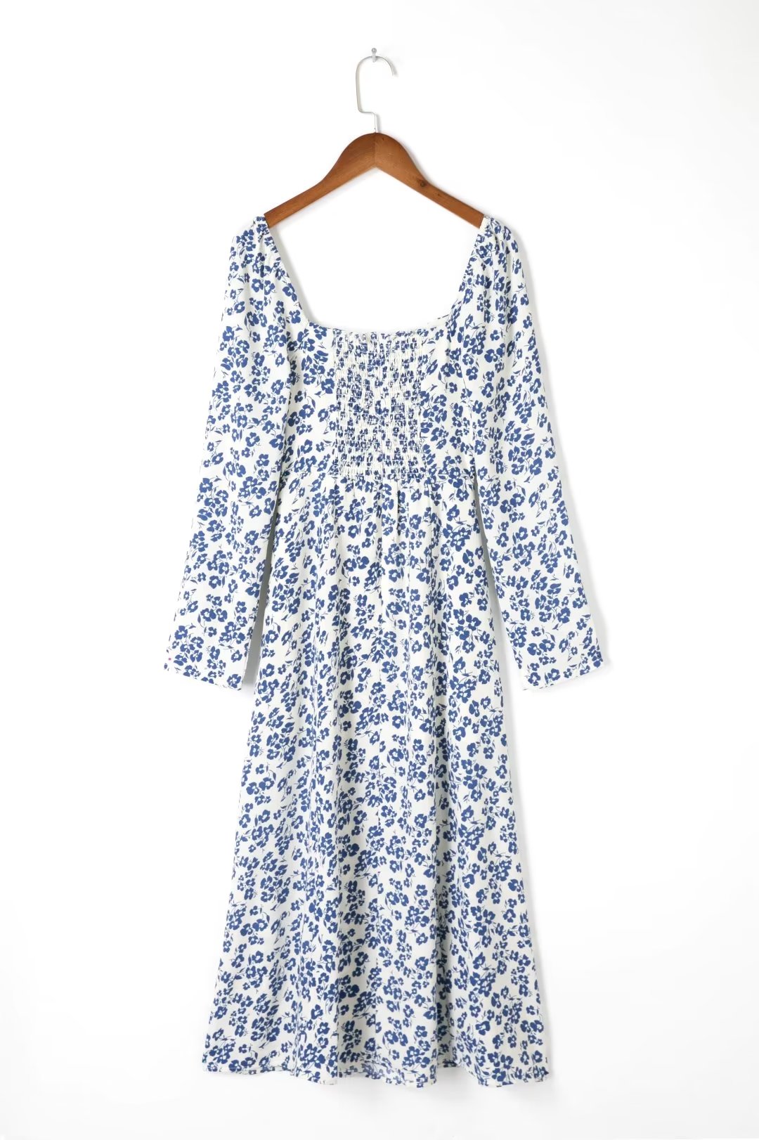 Summer French Vacation Flat Square Collar Long Sleeve Dress White Background with Blue Print High Slit