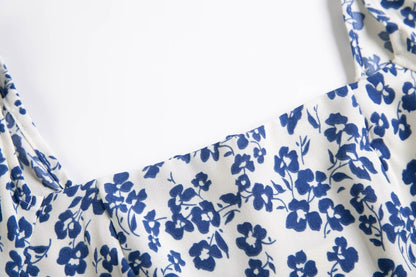 Summer French Vacation Flat Square Collar Long Sleeve Dress White Background with Blue Print High Slit