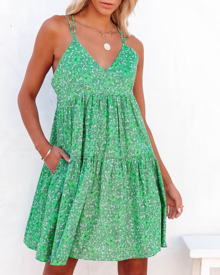 Women New Floral Print Criss Cross Strap V Neck Dress