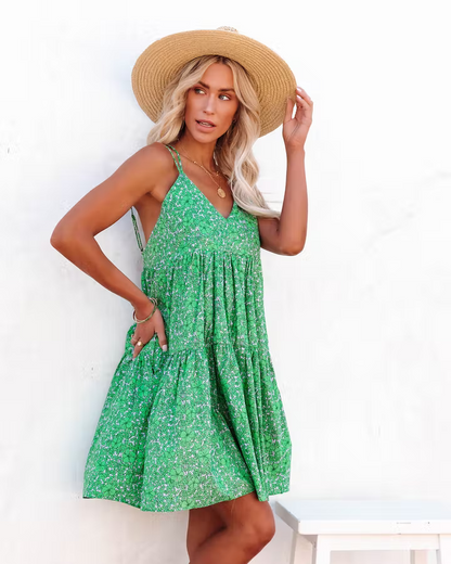 Women New Floral Print Criss Cross Strap V Neck Dress