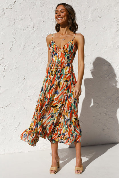Women New Printed Wooden Ear Suspender Dress