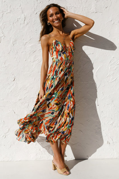 Women New Printed Wooden Ear Suspender Dress