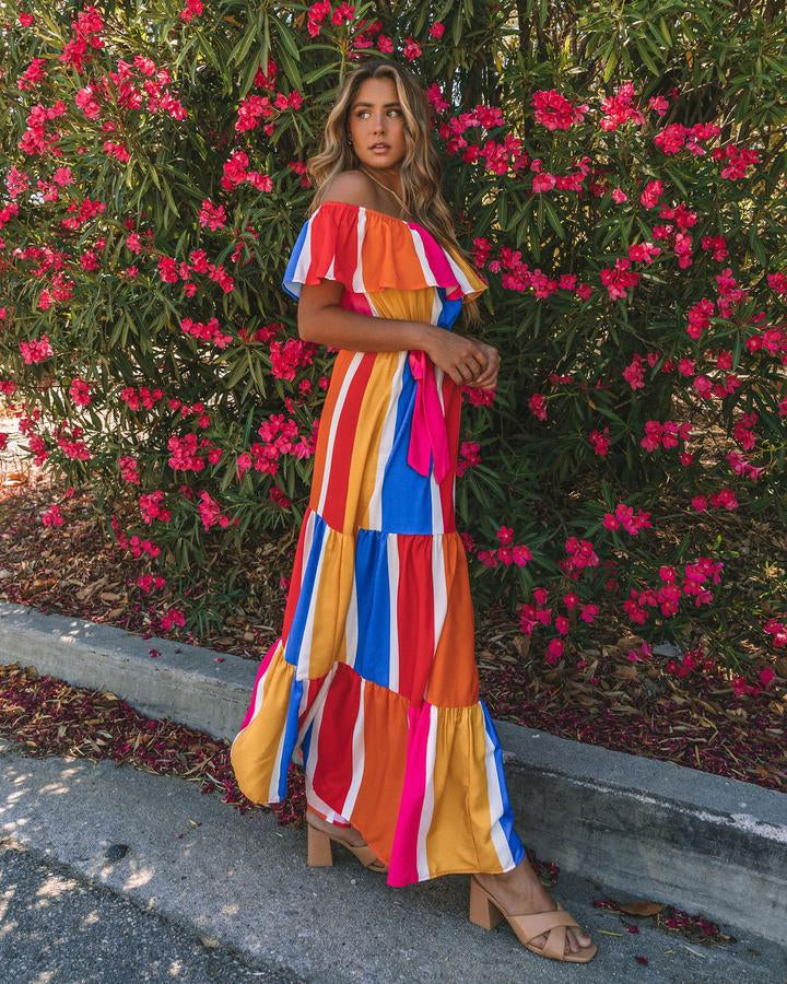 Women New Striped Printed Shoulder Ruffled Dress