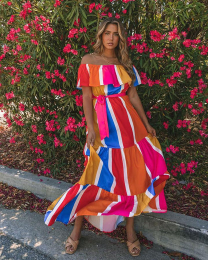 Women New Striped Printed Shoulder Ruffled Dress