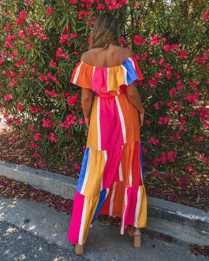 Women New Striped Printed Shoulder Ruffled Dress