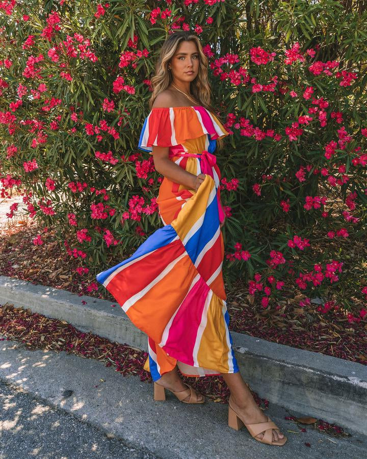 Women New Striped Printed Shoulder Ruffled Dress