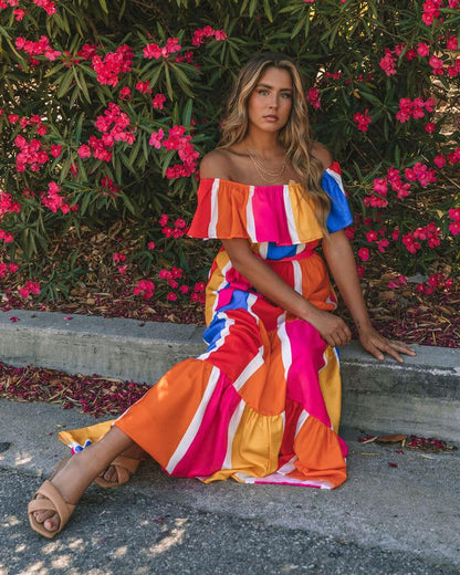 Women New Striped Printed Shoulder Ruffled Dress