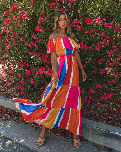 Women New Striped Printed Shoulder Ruffled Dress