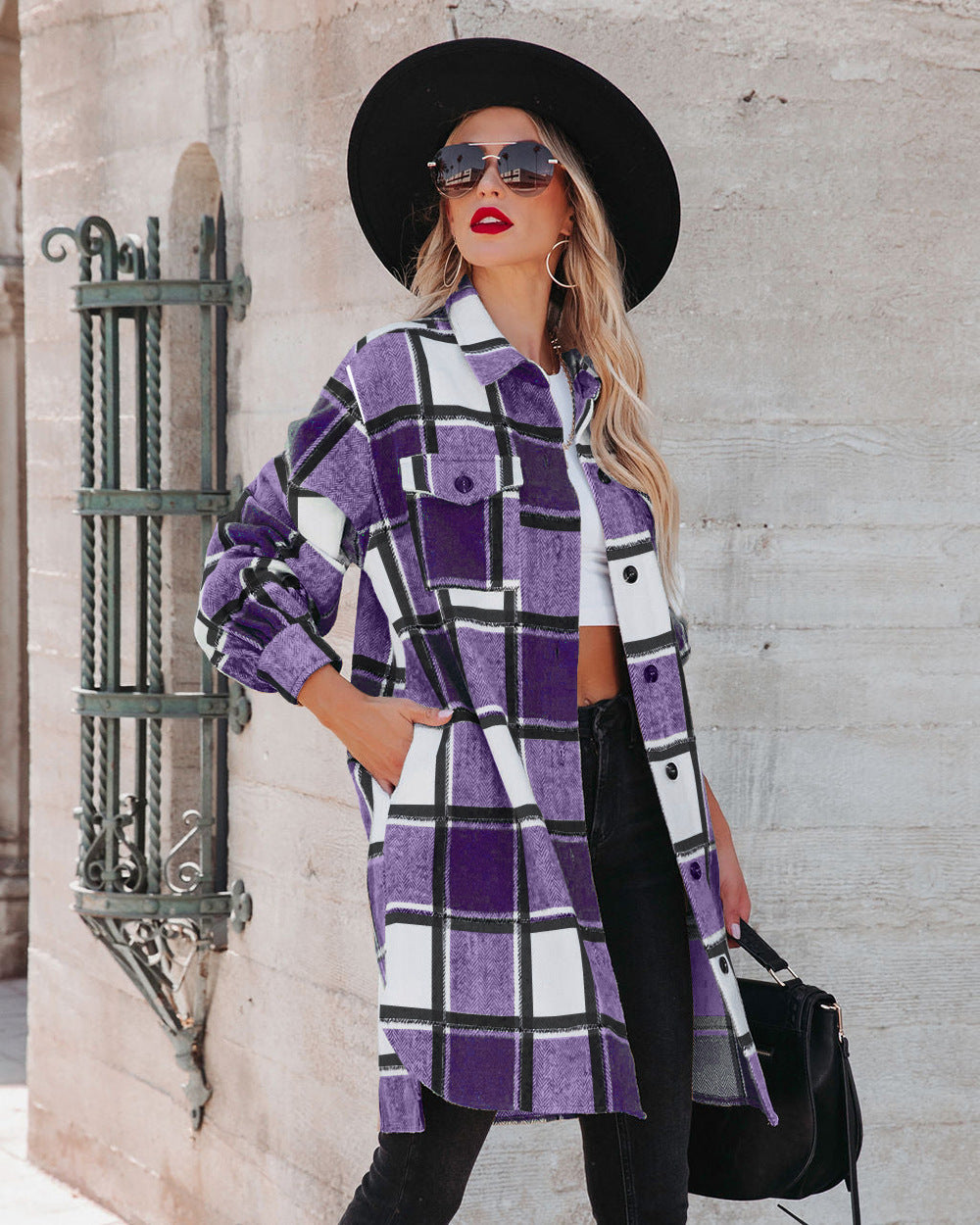 Winter Women Collared Long Plaid Top Office Loose Woolen