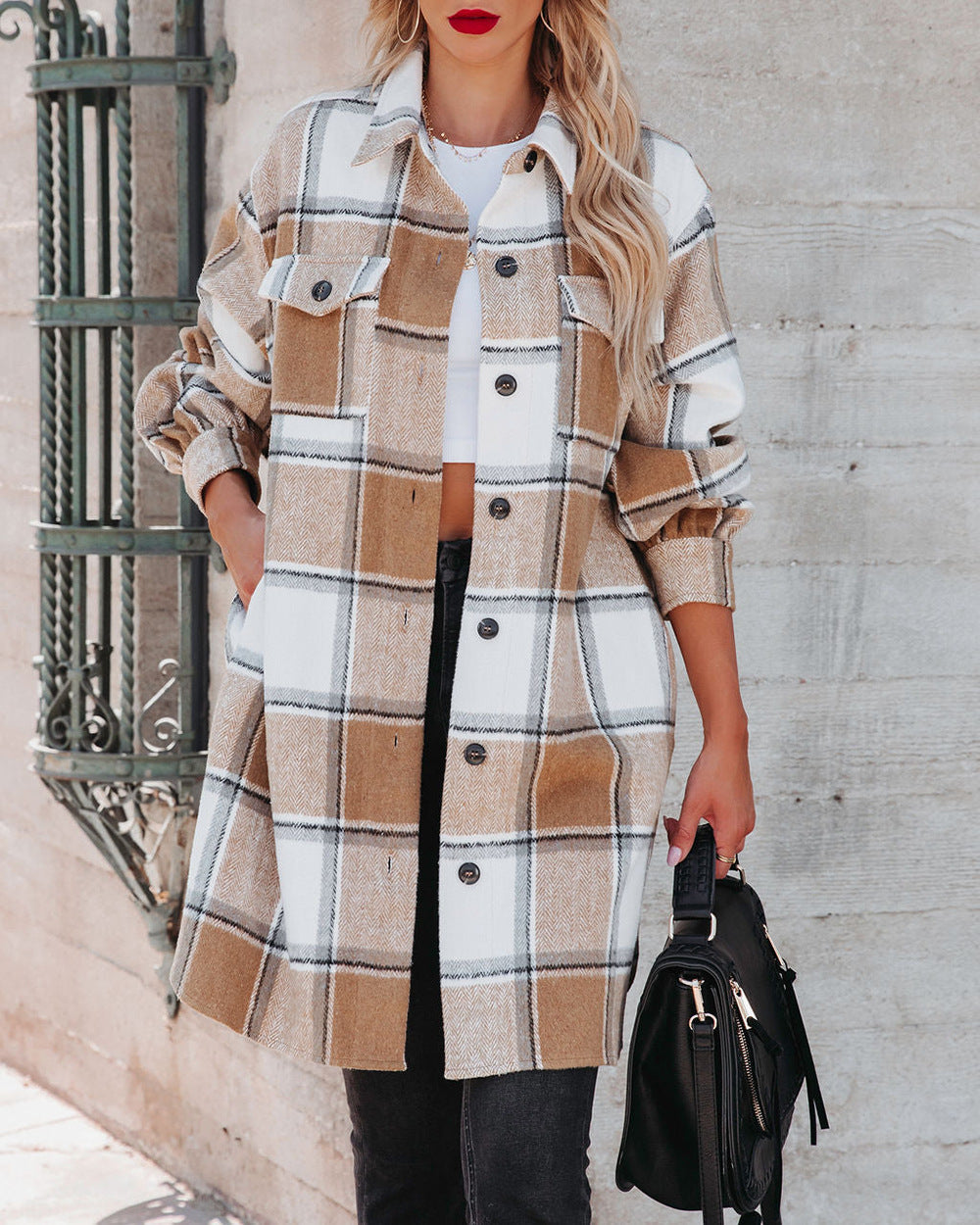 Winter Women Collared Long Plaid Top Office Loose Woolen