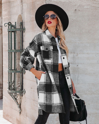 Winter Women Collared Long Plaid Top Office Loose Woolen