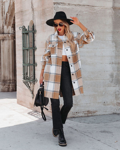 Winter Women Collared Long Plaid Top Office Loose Woolen