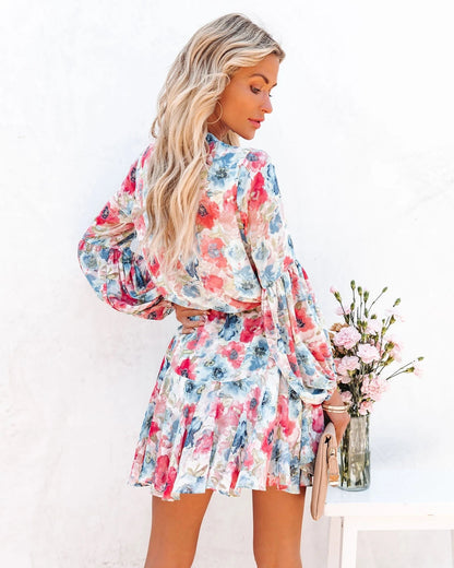 Women Summer Holiday Plaid Printed Lantern Sleeve Ruffled Hem Long Sleeve Dress