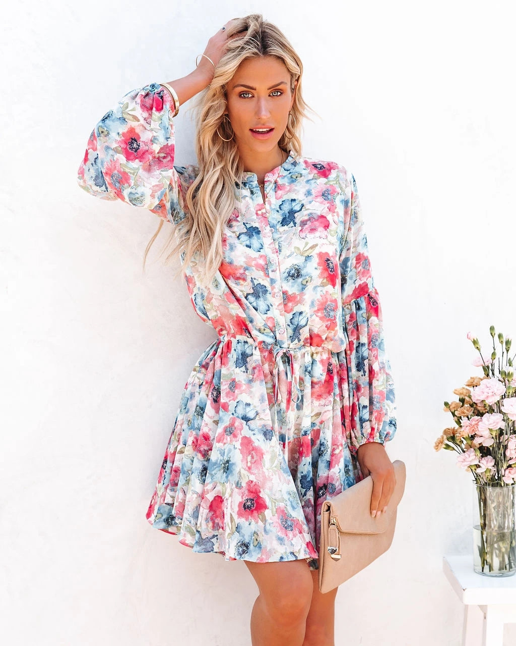 Women Summer Holiday Plaid Printed Lantern Sleeve Ruffled Hem Long Sleeve Dress